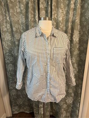Anthropologie White & Navy Striped Button-Down Shirt